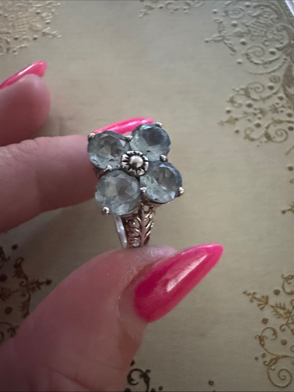 Sterling Silver Floral Aquamarine Ring - Light Blue Flower Design
